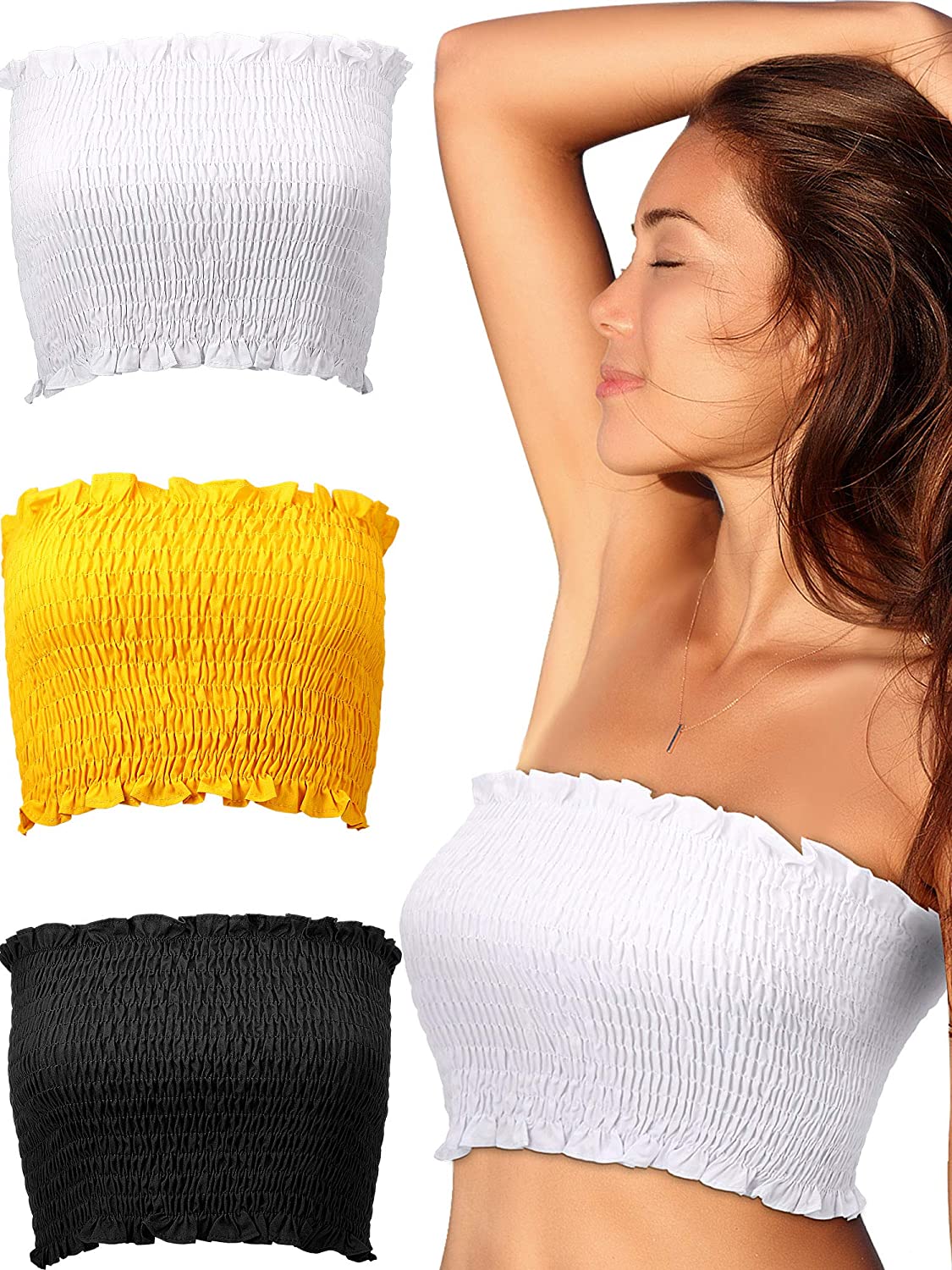 Price:$17.99 SATINIOR 3 Pieces Strapless Pleated Bandeau Shirred Tube Crop Elastic Tube Top for Women at Amazon Women’s Clothing store