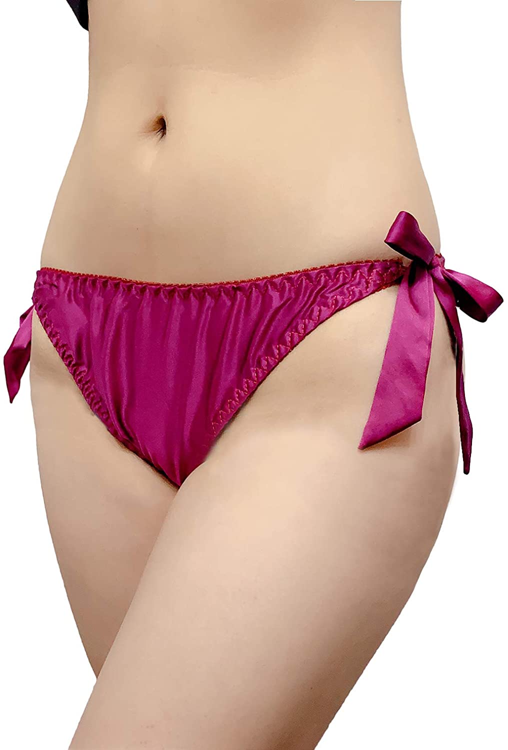 Price:$12.99 Farlenoyar Women Silk String Bikini Briefs Ties Sexy Underwaer Stretch Waist (Wine) at Amazon Women’s Clothing store