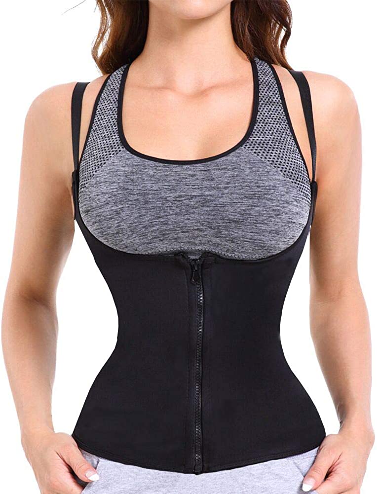 Price:$13.99 Double Strawberry Women Waist Trainer Corset Three-Breasted Zipper Body Shaper Cincher Tank Top at Amazon Women’s Clothing store