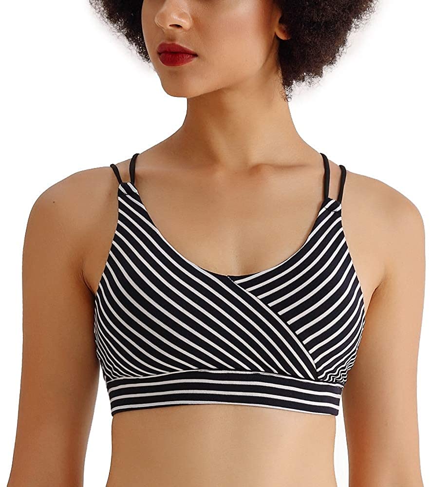 Price:$14.99 DOMIDOSI Padded Strappy Sports Bras for Women - Cotton Stripes Cross Back Straps Workout Bra Yoga Top at Amazon Women’s Clothing store