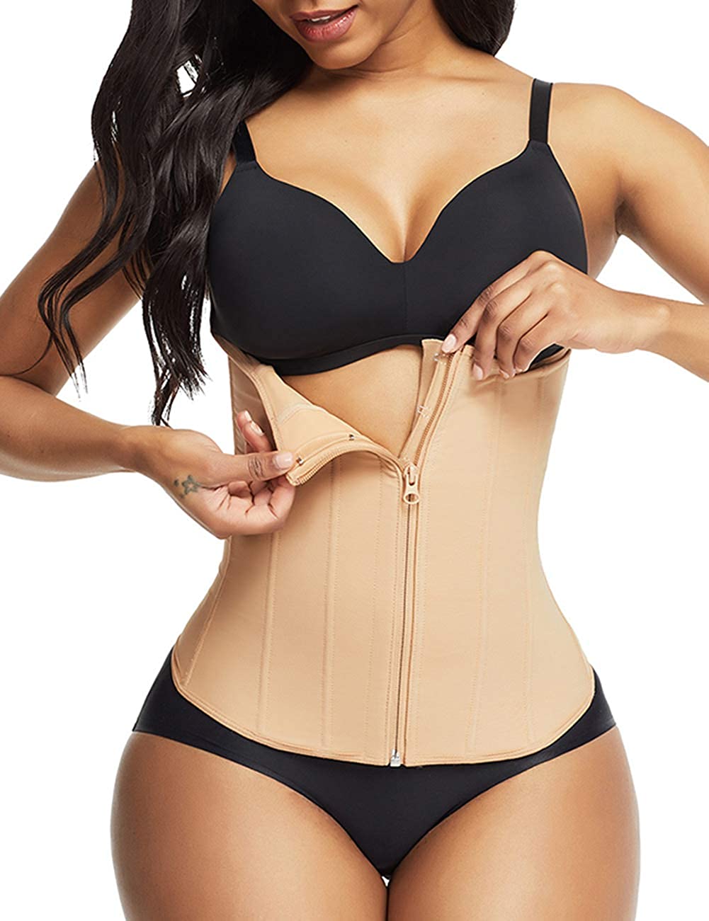 Price:$20.99 Lover-Beauty Women Underbust Waist Trainer 9 Steel Boned Corset Zip&Hook Hourglass Body Shaper Waist Cincher at Amazon Women’s Clothing store