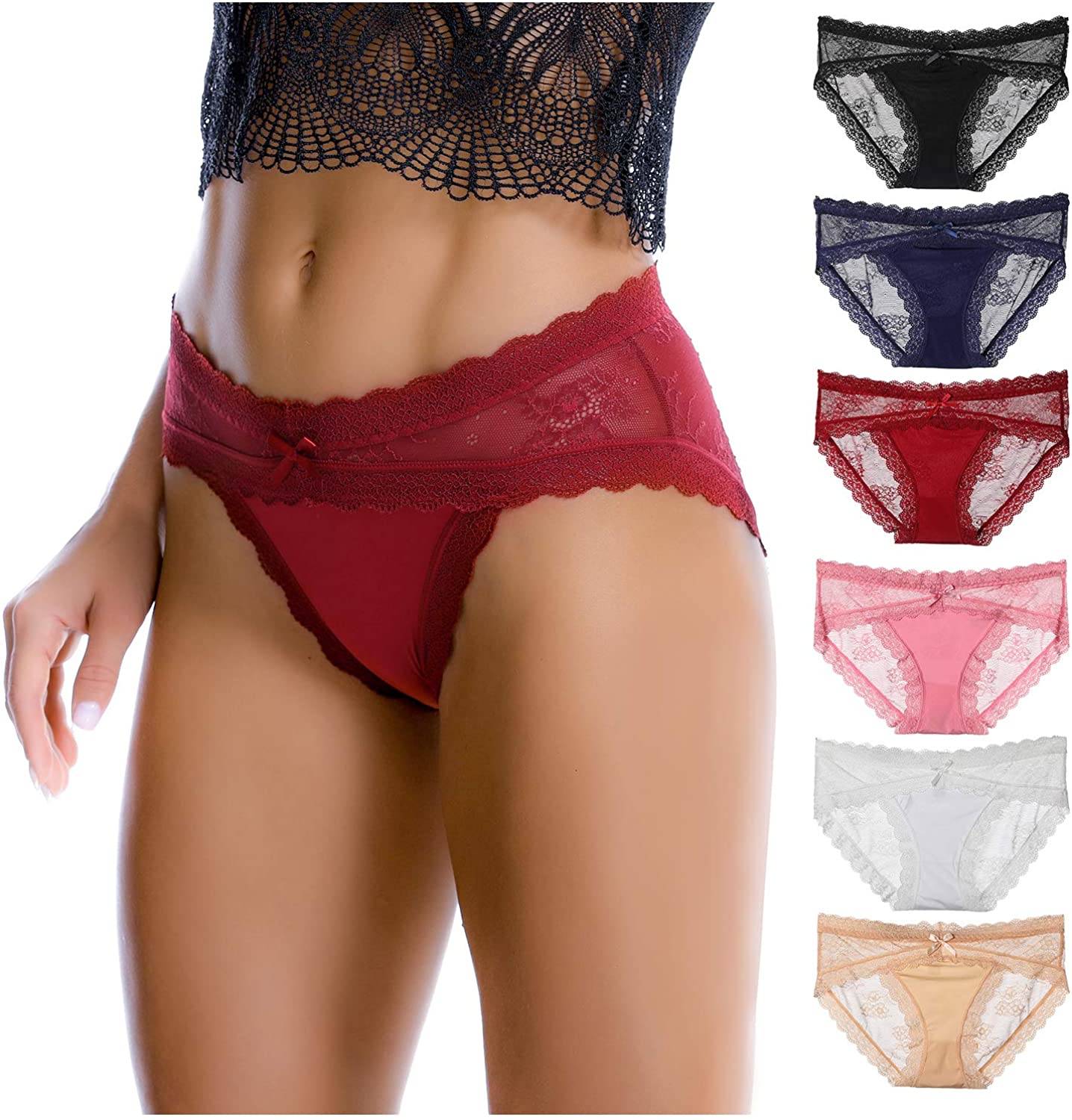 Price:$20.69 LEVAO Women Lace Underwear Sexy Breathable Hipster Panties Stretch Seamless Bikini Briefs 6 Pack at Amazon Women’s Clothing store