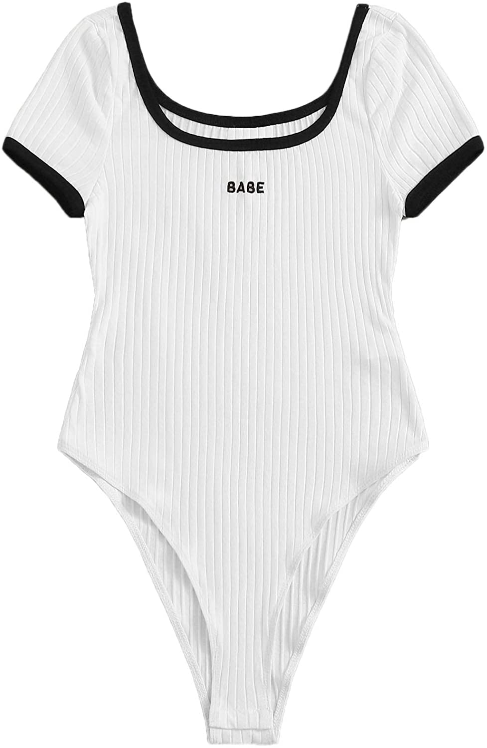 Price:$9.99 Floerns Women's Scoop Neck Short Sleeve Letter Print Bodysuit at Amazon Women’s Clothing store