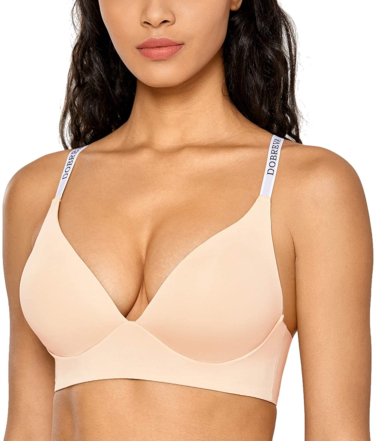 Price:$17.99 DOBREVA Women's Racerback Bralette Wireless Comfort Tshirt Lightly Padded Plunge Bra at Amazon Women’s Clothing store