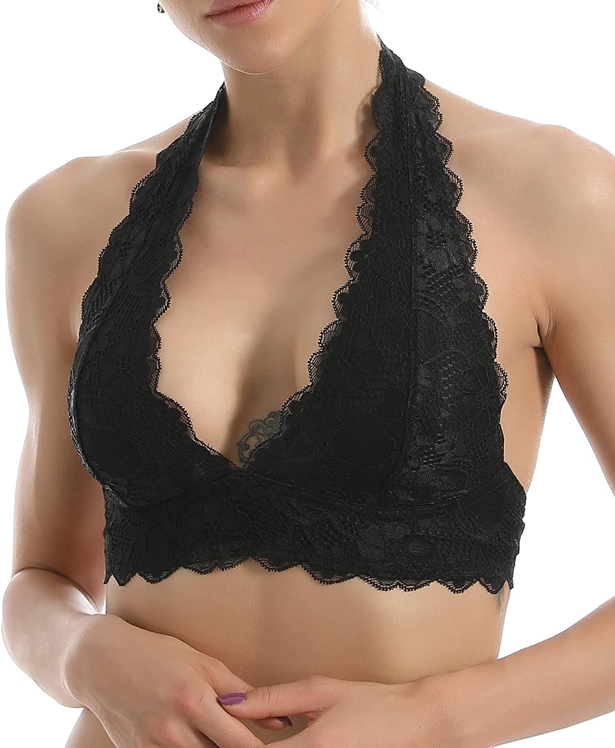 Price:$14.99 Floral Lace Halter Bra Bralette for Women, Deep V Lace Neck Bra Unpadded Wirefree Lingerie Backless Crop Top Black at Amazon Women’s Clothing store