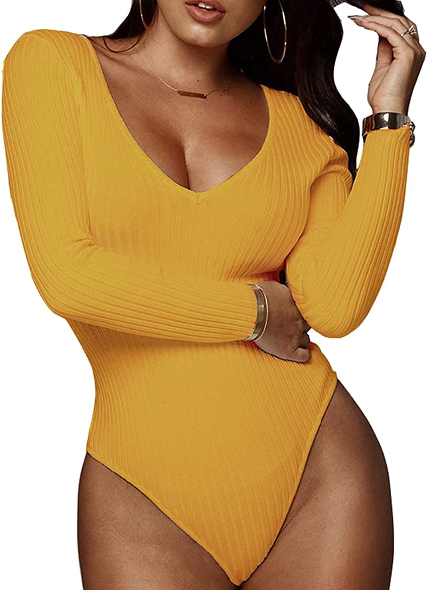 Price:$14.89 PRIMODA Women's Deep V Neck Long Sleeve Bodysuit Ribbed Knit Bodycon Stretchy Leotard Bodysuit Tops at Amazon Women’s Clothing store