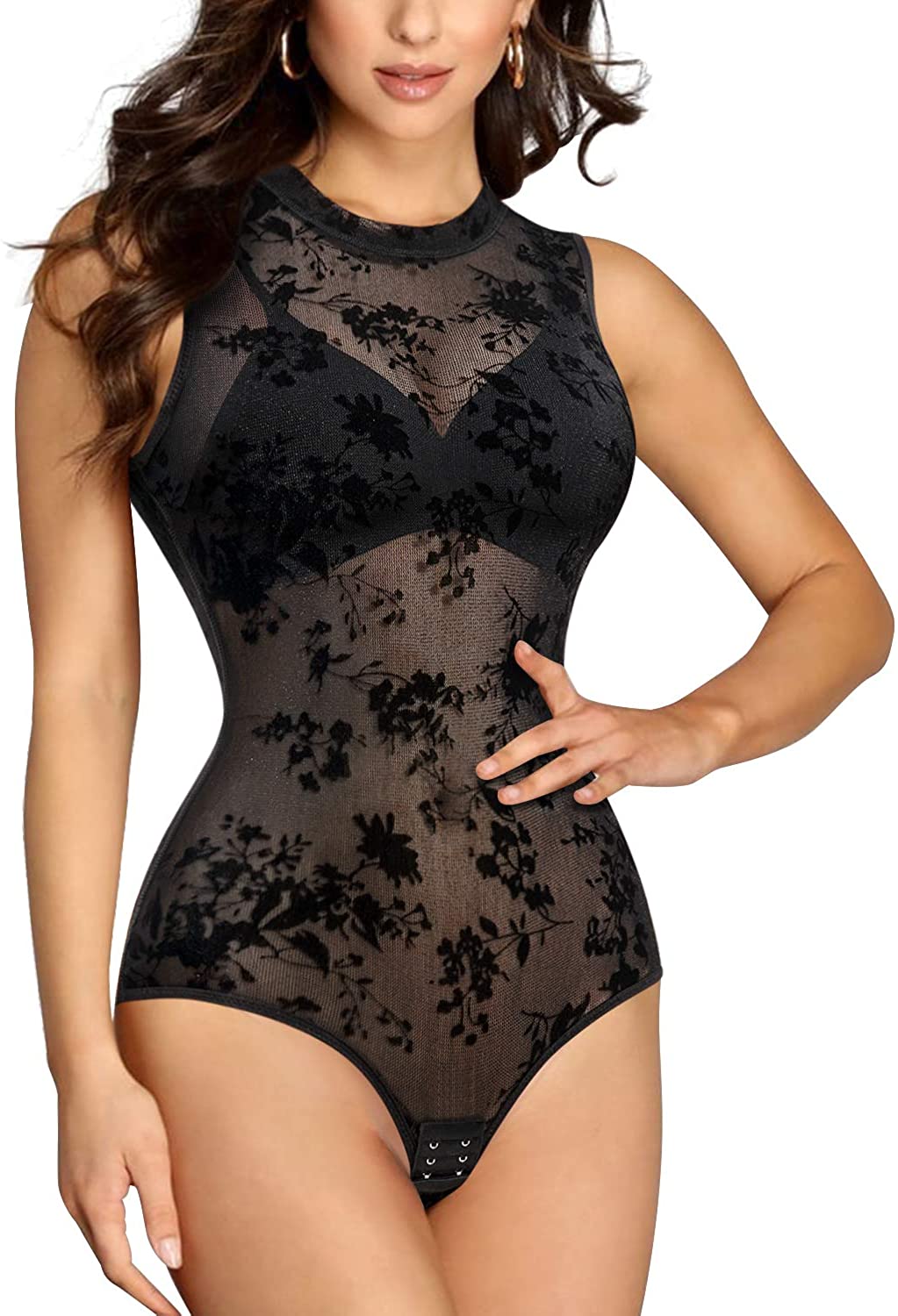 Price:$12.99 WANFISTO Women's Teddy One Piece Lace Bodysuit Crew Neck Print Turtleneck Sleeveless Bodysuit Tops for Women at Amazon Women’s Clothing store