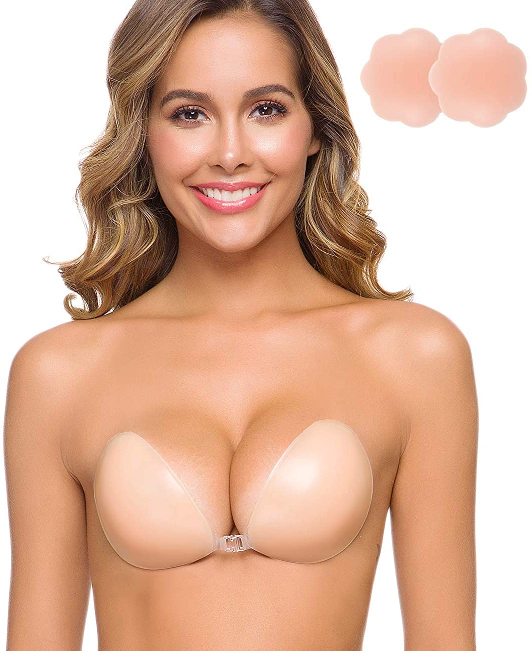 Price:$14.99 SHINYMOD Silicone Adhesive Bra, Backless Strapless Self Adhesive Invisible Sticky Plunge Push up Bra-A Beige at Amazon Women’s Clothing store