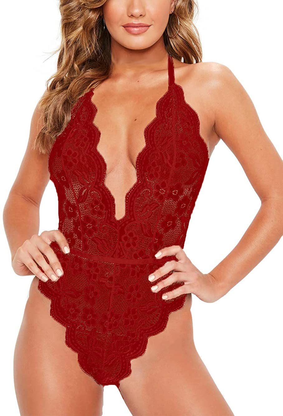Price:$12.99 Kitty-Kitty High Cut Halter Deep V Neck Lingerie Floral Lace Bodysuit Plunge Teddy See Through Sexy Babydoll Red Medium at Amazon Women’s Clothing store