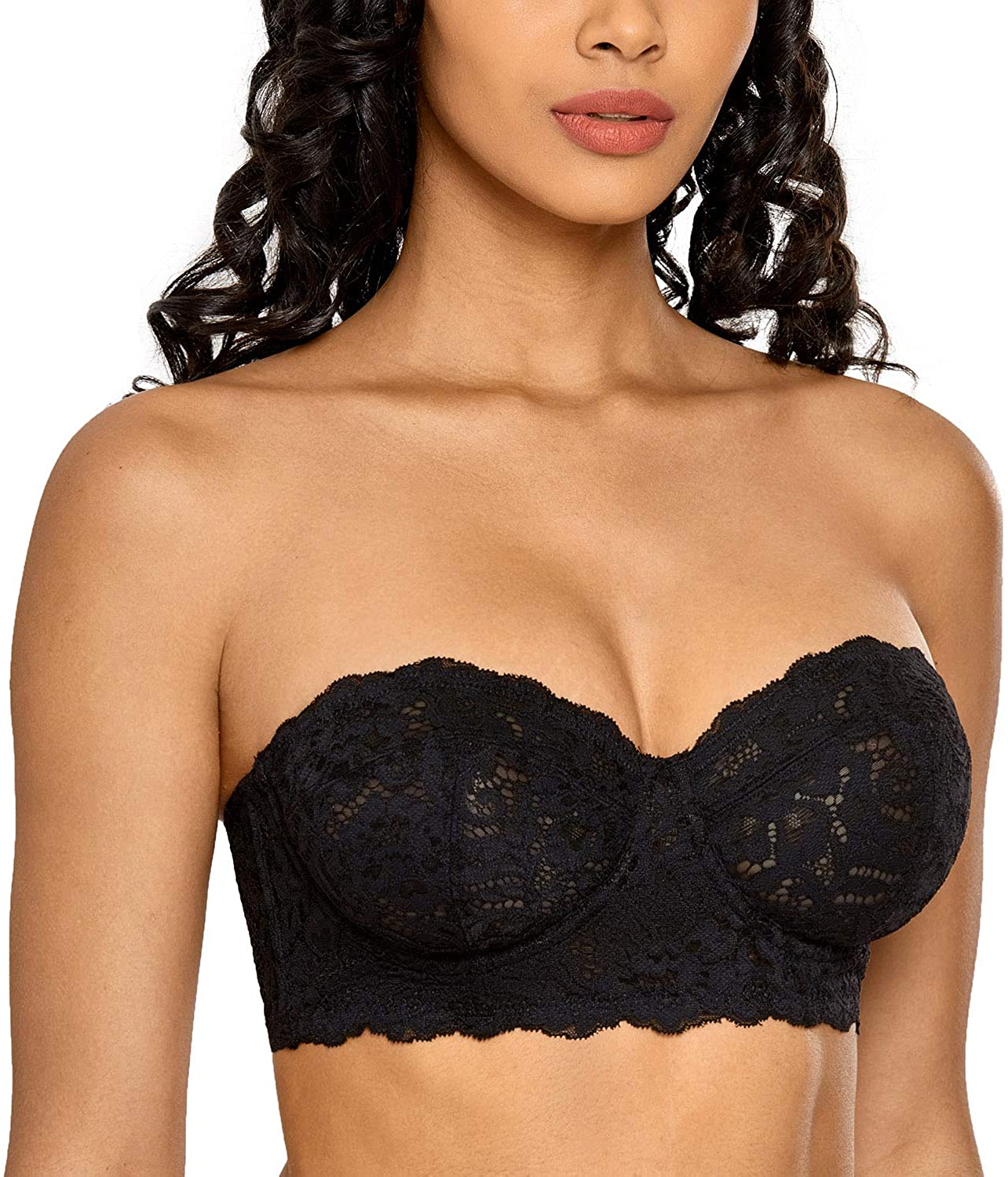 Price:$21.99 DOBREVA Women's Lace Strapless Bralette Bandeau Balconette Unlined Underwire Bra at Amazon Women’s Clothing store