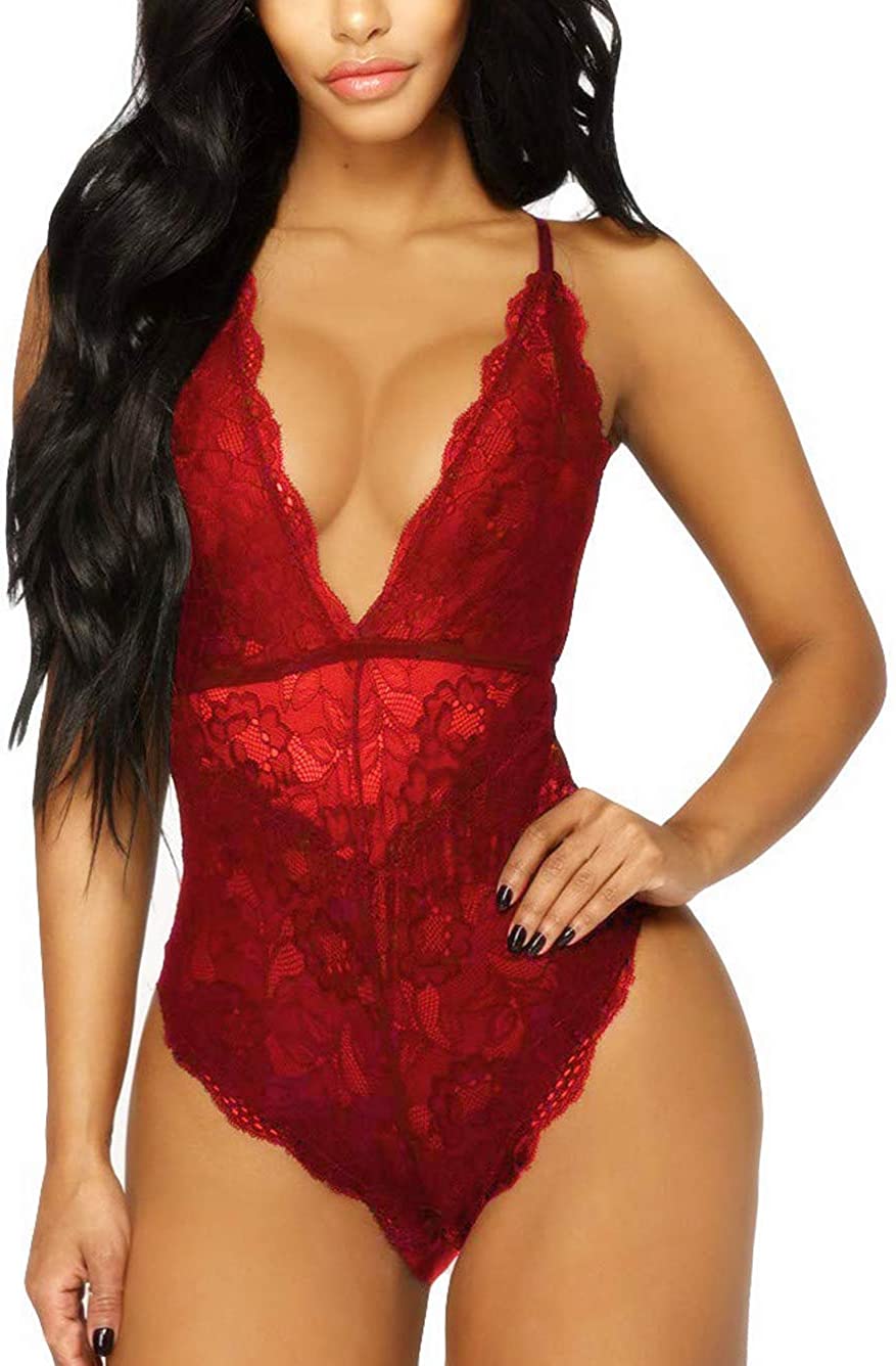 Price:$13.99 Kaei&Shi V-Neck See Through Lingerie Floral Lace Babydoll Sexy Lingerie for Women One Piece Bodysuit (Burgundy, Medium) at Amazon Women’s Clothing store