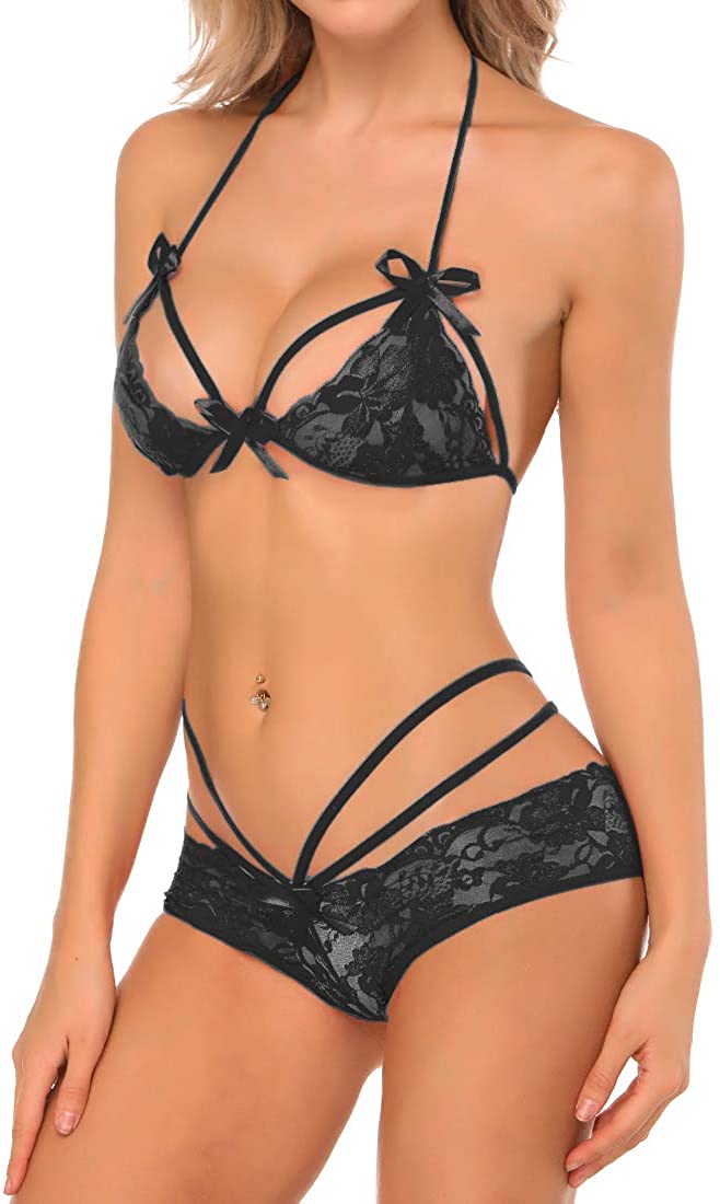 Price:$14.88 Womens Bridal Lingerie Lace Floral Babydoll Stretch Strappy Set with Cute Bowknot Black at Amazon Women’s Clothing store