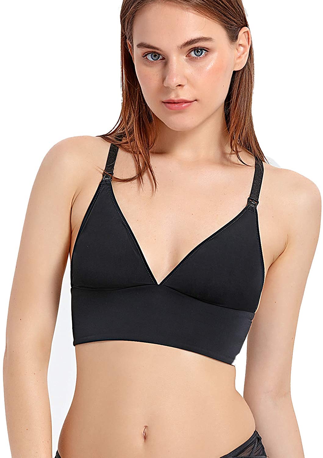 Price:$18.00 MOMANDA Women's Wirefree Triangle Maternity Nursing Bra Removable Pads Racerback at Amazon Women’s Clothing store