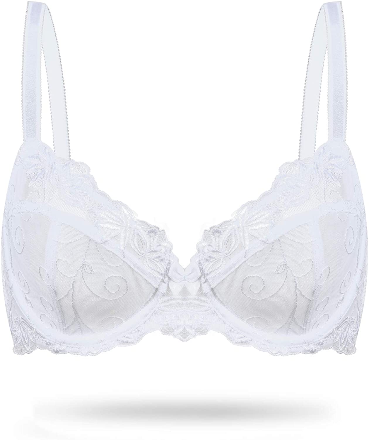 Price:$11.99 Deyllo Women’s Sexy Lace Bra Plus Size Underwire Embroidered Unlined Bra Non Padded at Amazon Women’s Clothing store