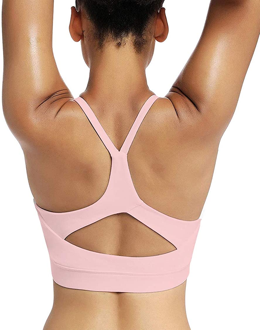 Price:$16.99 Anglecey Strappy Padded Sports Bra Tops Workout Clothes Running Yoga Open Back Bra at Amazon Women’s Clothing store