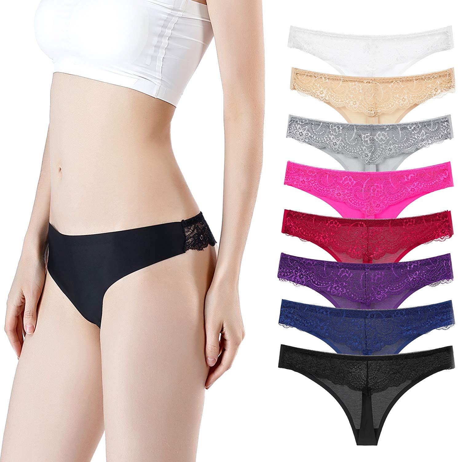 Price:$21.99 Seasment Panties for Women String Bikini Underwear Briefs Lace Panties Pack of 8 at Amazon Women’s Clothing store