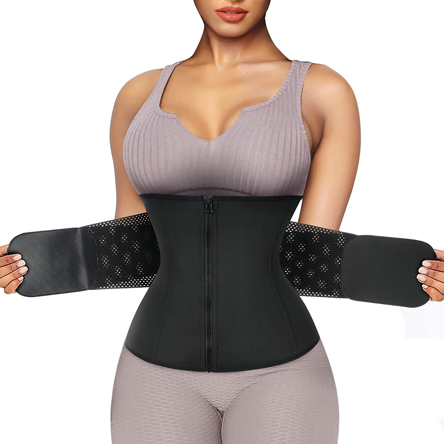Price:$18.99 RACELO Women Workout Waist Trainer Trimmer Tummy Cincher Corset Zipper Girdle Body Shaper Weight Loss at Amazon Women’s Clothing store