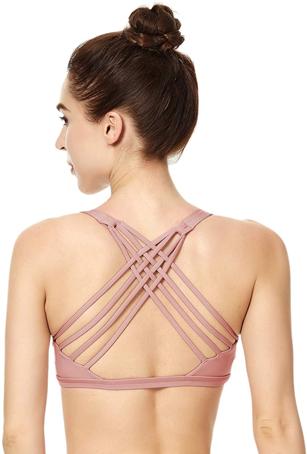 Price:$20.99 QUEENIEKE Womens Yoga Sport Bra Light Support Strappy Free to Be Bra Size M Color Begonia Pink at Amazon Women’s Clothing store