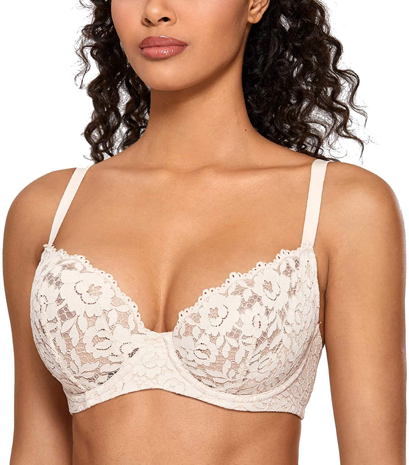 Price:$17.99 DOBREVA Women's Lace See Through Unlined Bra Push Up Support Underwire Sexy Demi at Amazon Women’s Clothing store
