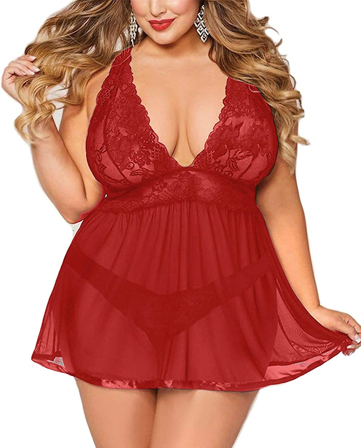 Price:$13.99 TGD Lingerie Plus Size Babydoll Set for Women V Neck Lace Chemise (Red, XL) at Amazon Women’s Clothing store