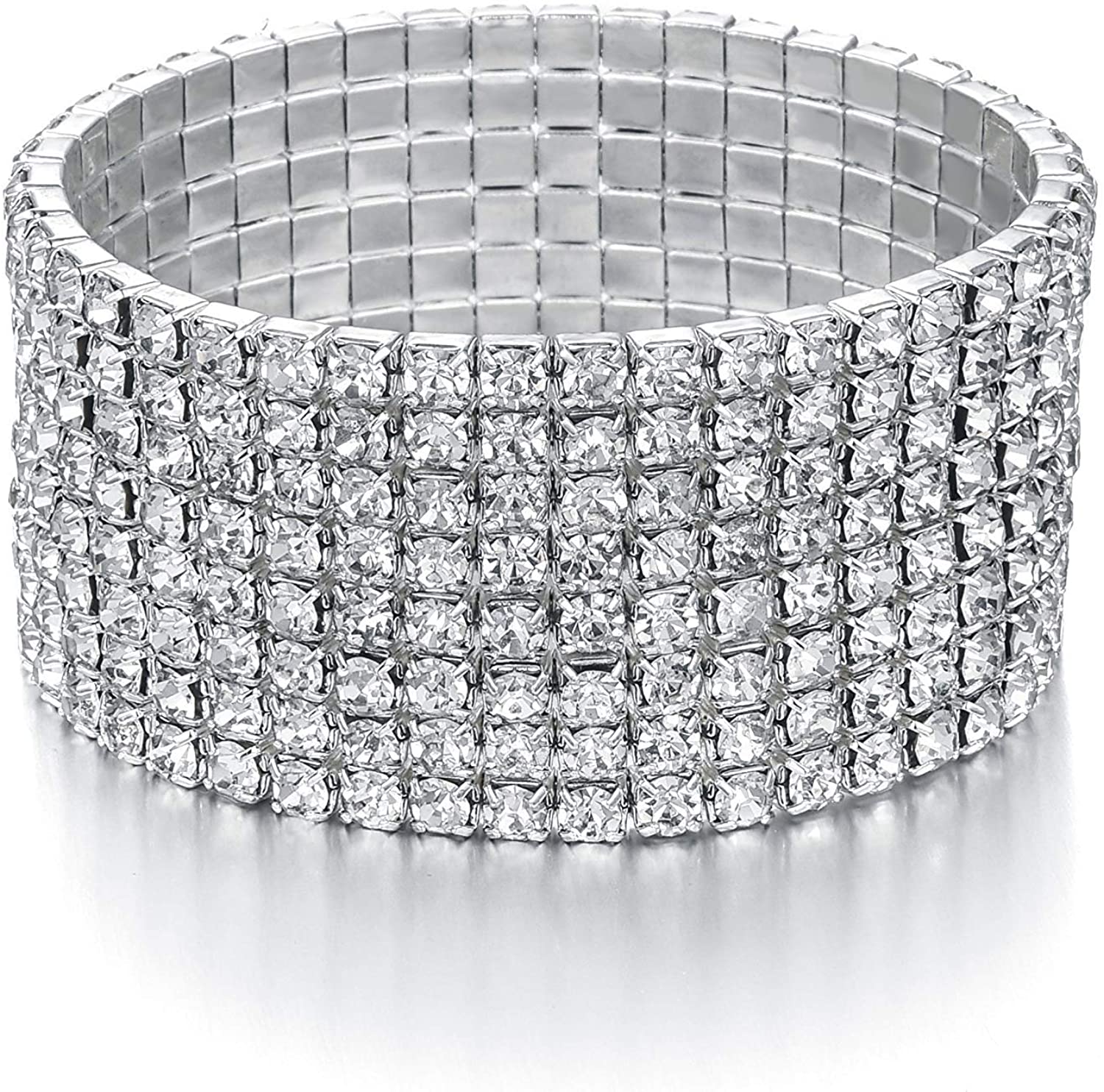Price:$8.99    JEWMAY Yumei Jewelry 8 Strand Rhinestone Stretch Bracelet Silver-tone Sparking Tennis Bracelet  Clothing