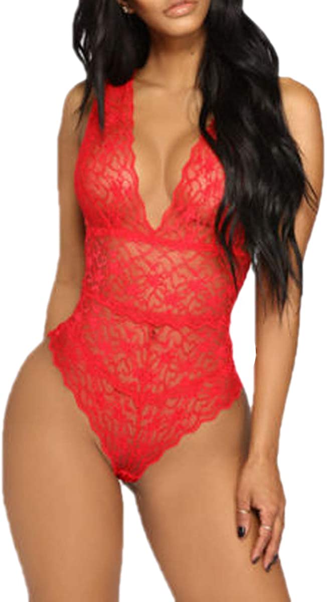 Price:$13.99 Women Lace Lingerie One Piece Babydoll Mini Bodysuit (Red, XL) at Amazon Women’s Clothing store