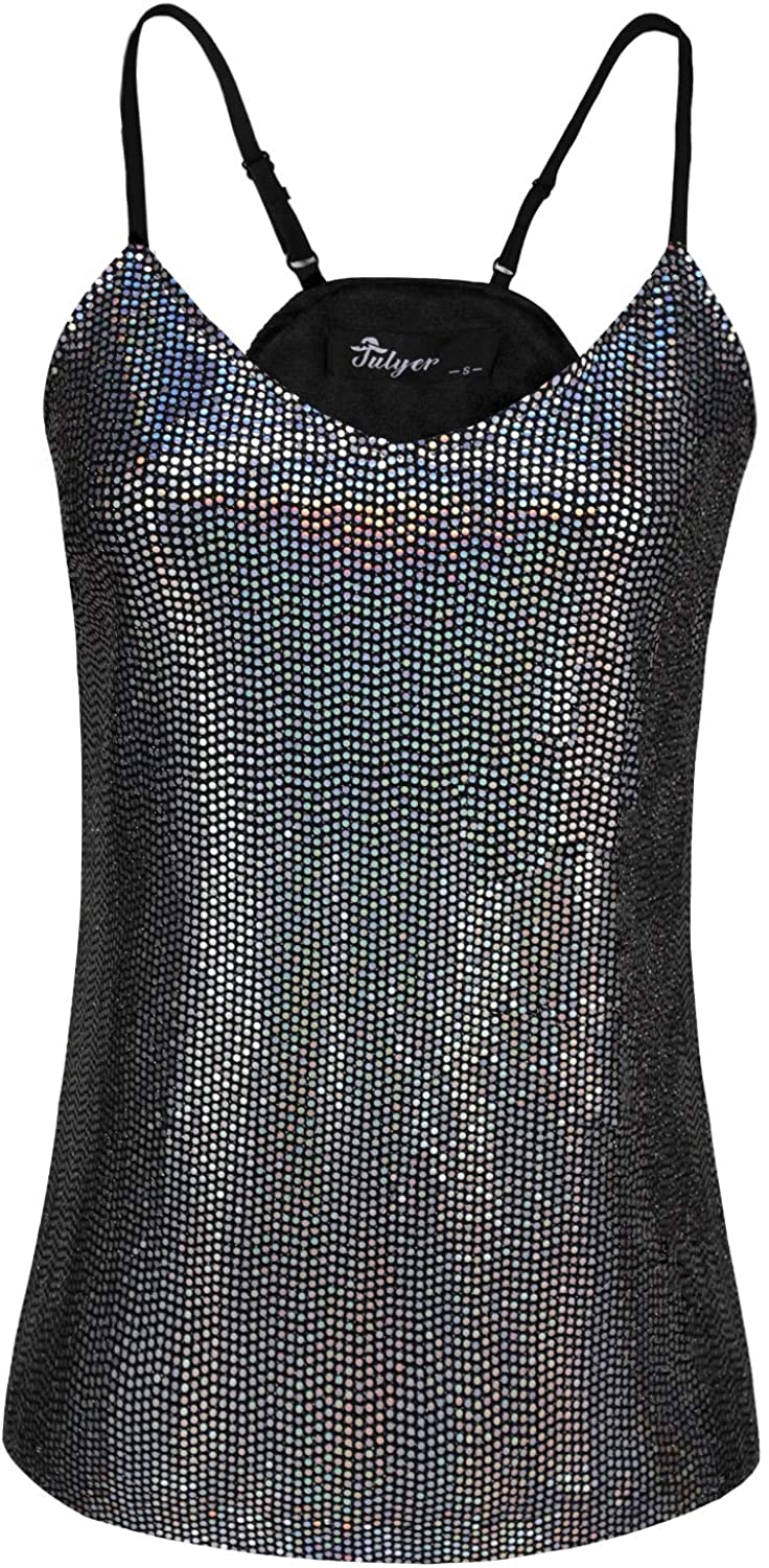 Price:$22.99    JULYER Women’s Sequin Camisole, Shiny Tank Top, Spaghetti Strap (3-Multicoloured, Small)  Clothing