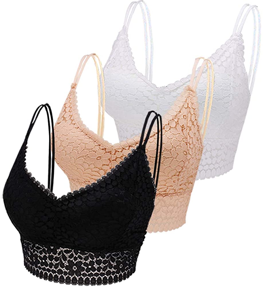 Price:$9.99 Xuvozta Women Lace Camisole Bralette Wirefree Double Strap Longline Bralette Lightweight Padded Cami Bra Girls A-C Cup at Amazon Women’s Clothing store