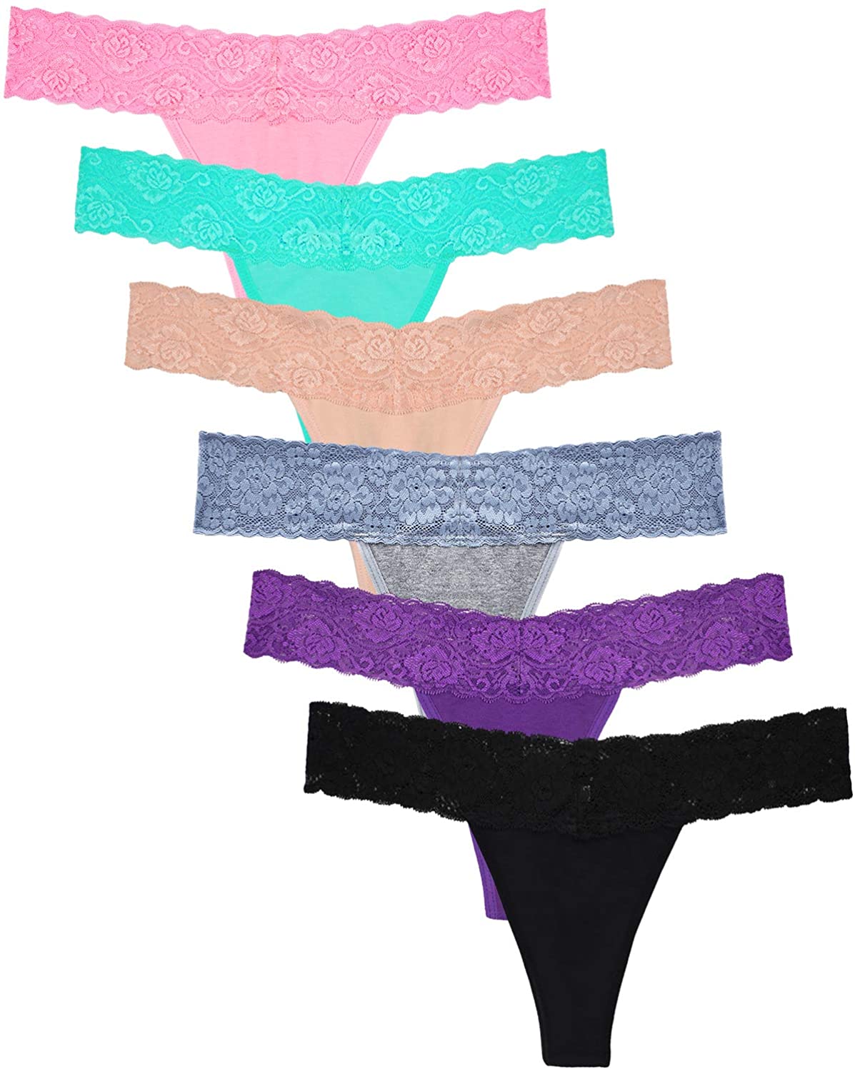 Price:$9.99    Pack of 6 Women's Thin Lace Hollowed Out T Back Low Waist Ice Silk Sexy Cheeky Thong See Through Panties (Multi, Medium)  Clothing