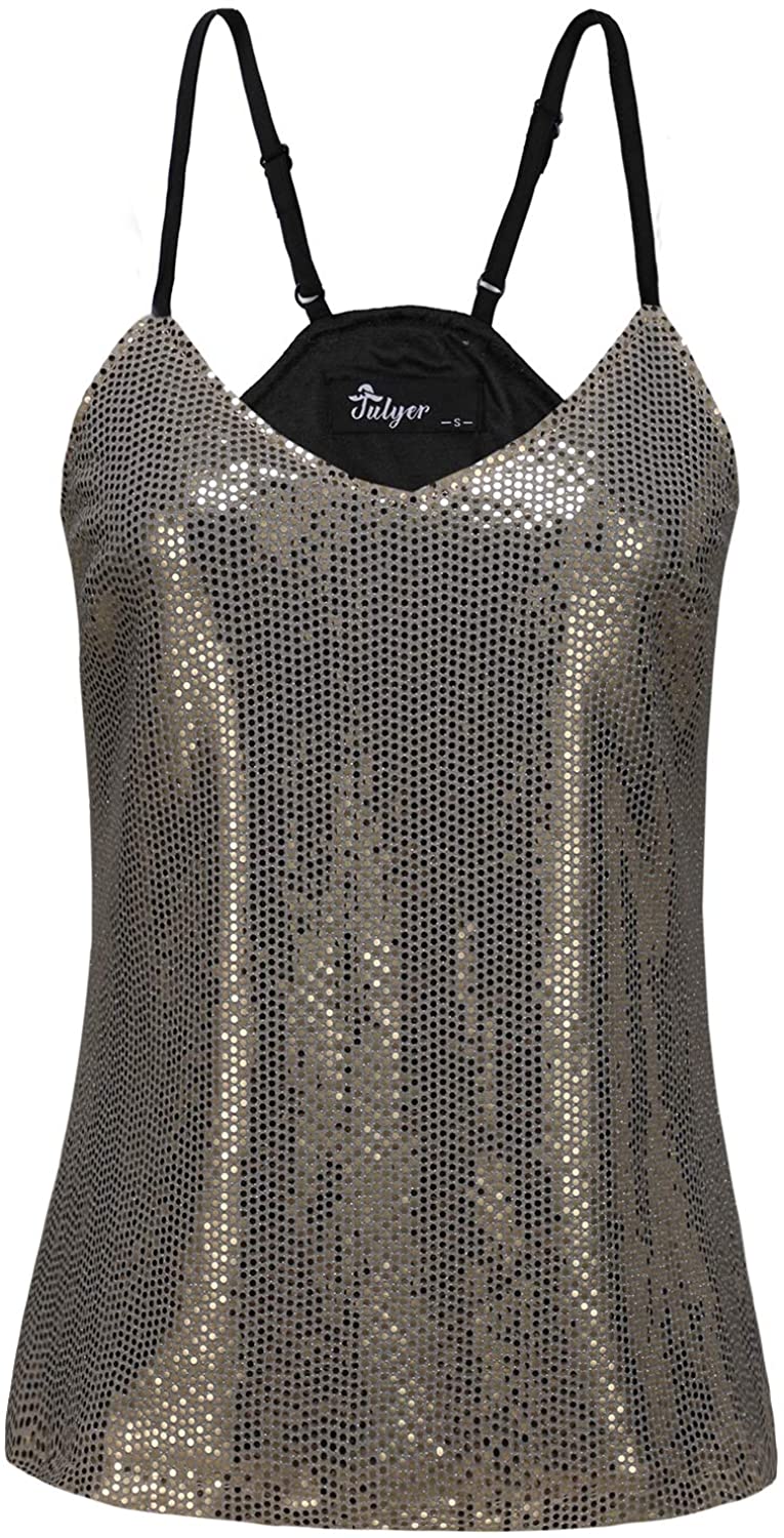 Price:$22.99    JULYER Women’s Sequin Camisole, Shiny Tank Top, Spaghetti Strap (2-Khaki, Small)  Clothing