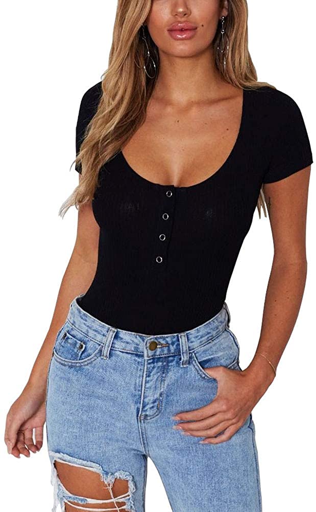 Price:$11.99 INFITTY Womens Sexy Backless Bodysuits Tops Slim Fit Short Sleeve Button Down Shirts at Amazon Women’s Clothing store