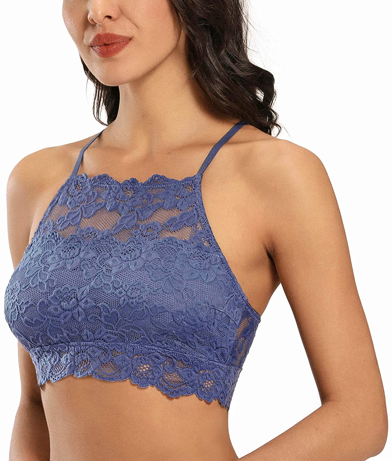 Price:$15.99 DotVol High-Neck Lace Bralette for Women Racerback Floral Crop Top Vest Bra at Amazon Women’s Clothing store