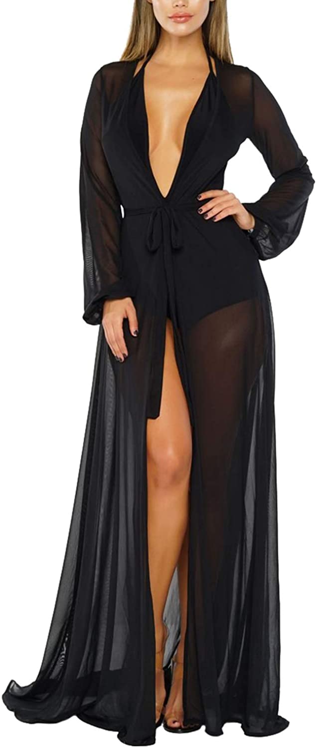 Price:$25.99 Sovoyontee Women's Black Sexy Mesh Sheer Long Sleeve Swimsuit Swim Swimwear Beach Cover Up Dress XL at Amazon Women’s Clothing store