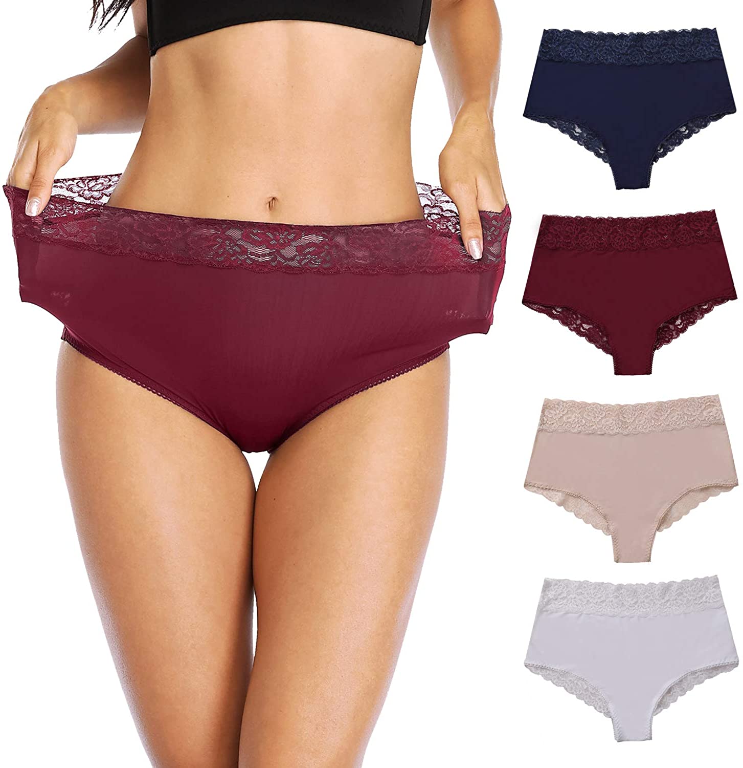 Price:$18.99 Anwell Womens Nylon Lace High Waisted Underwear Panties Briefs Stretch 4 Pack at Amazon Women’s Clothing store