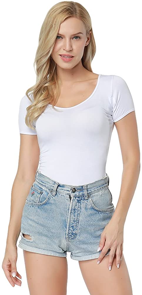 Price:$7.59    Women's Casual Bamboo Fiber Scoop Neck T-Shirt Basic Solid Slim Fit Top  Clothing