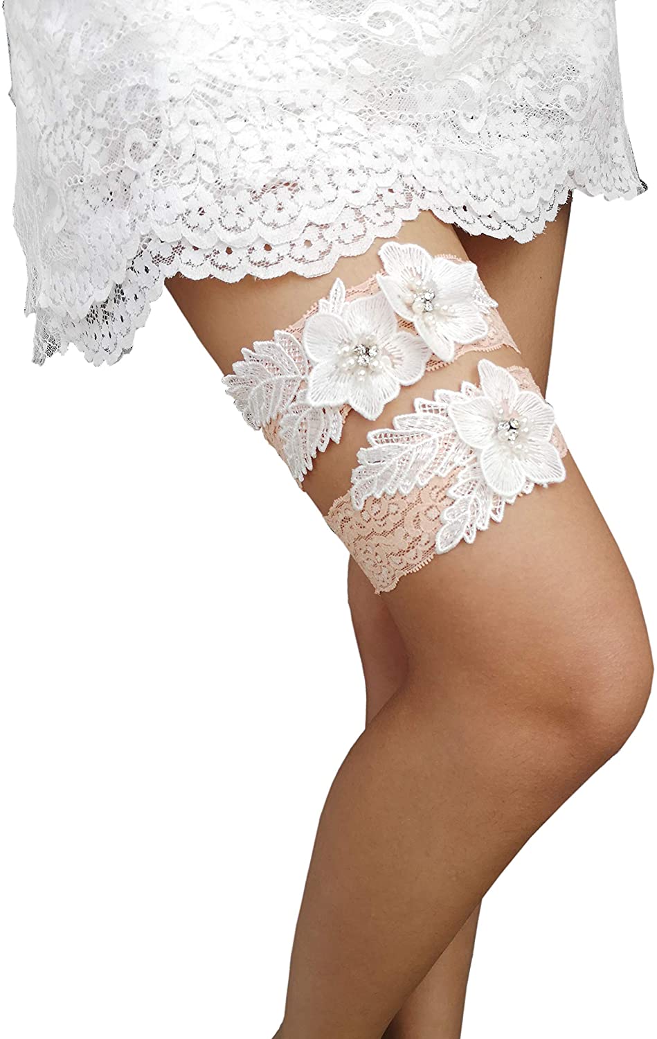 Price:$13.99    YuRong Flower Floral Design Garter Wedding Garter Bridal Garter Stretch Rhinestone Garter Set G30 (Blush)  Clothing