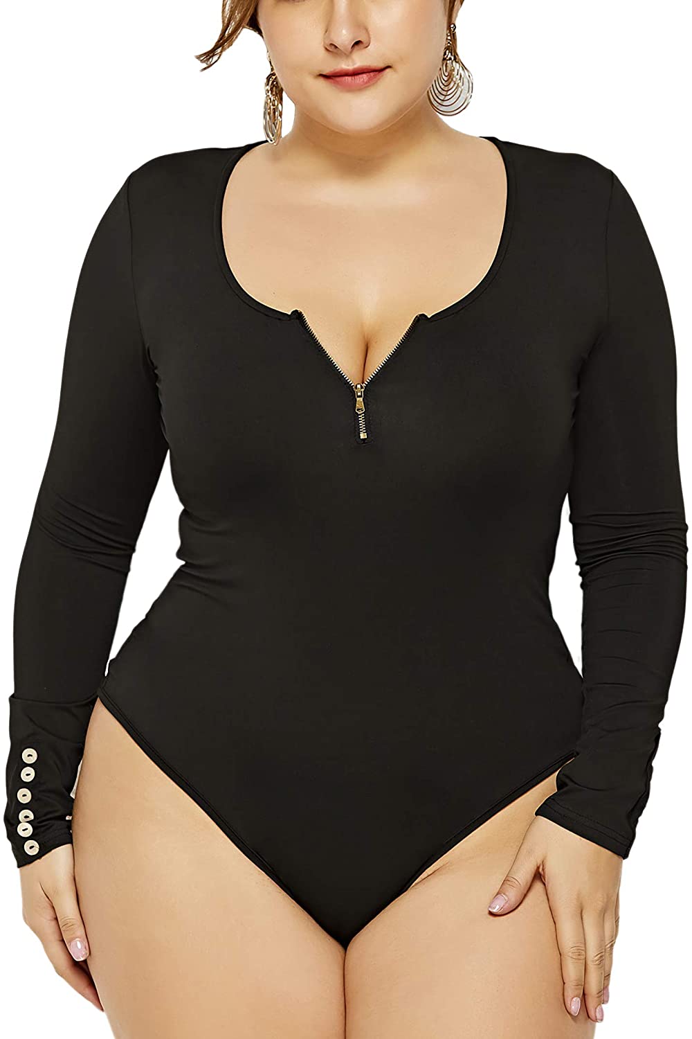 Price:$16.88 Riclena Women's Plus Size Zipper Long Sleeve Bodysuits Basic Leotard … at Amazon Women’s Clothing store