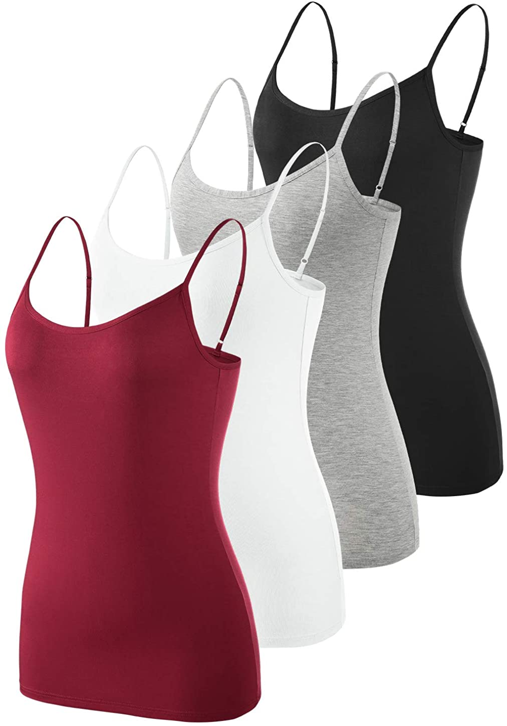 Price:$22.49 ROSYLINE Adjustable Camisoles Women Basic Undershirt Spaghetti Strap Tank Top 4 Pack Black/Grey/White/Wine Red XL at Amazon Women’s Clothing store