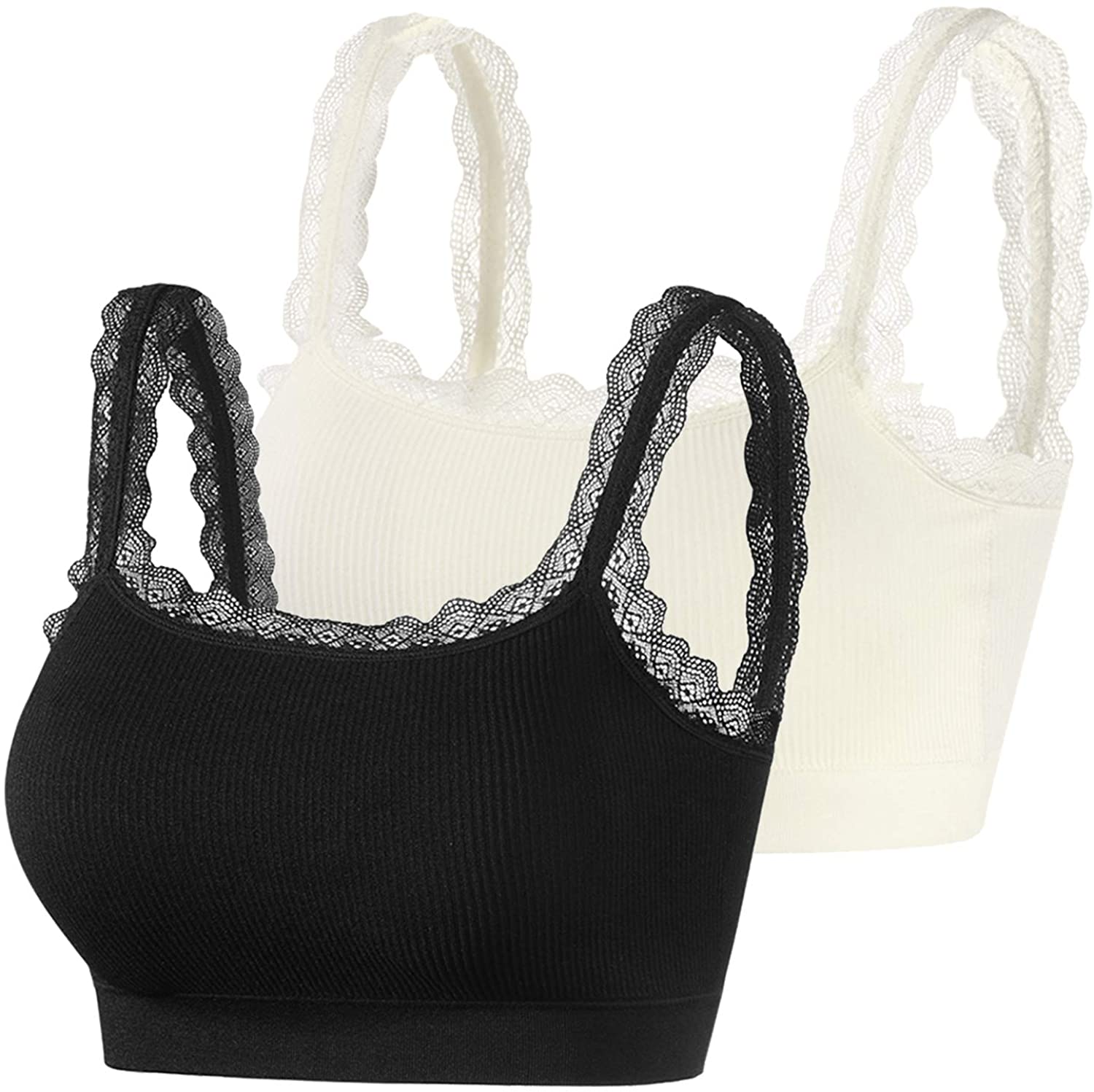 Price:$11.95 Women's Ribbed Lace Seamless Bralette with Removable Pads Wire-Free Bra(1-2pack) at Amazon Women’s Clothing store