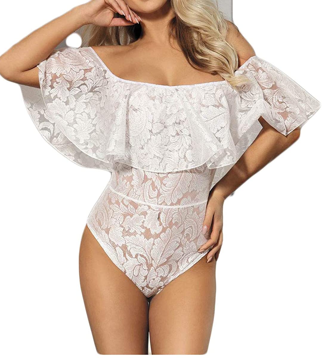 Price:$19.99    Women's Sexy Ruffle Off Shoulder Bodysuits Lace Mesh See Through Leotard Top  Clothing