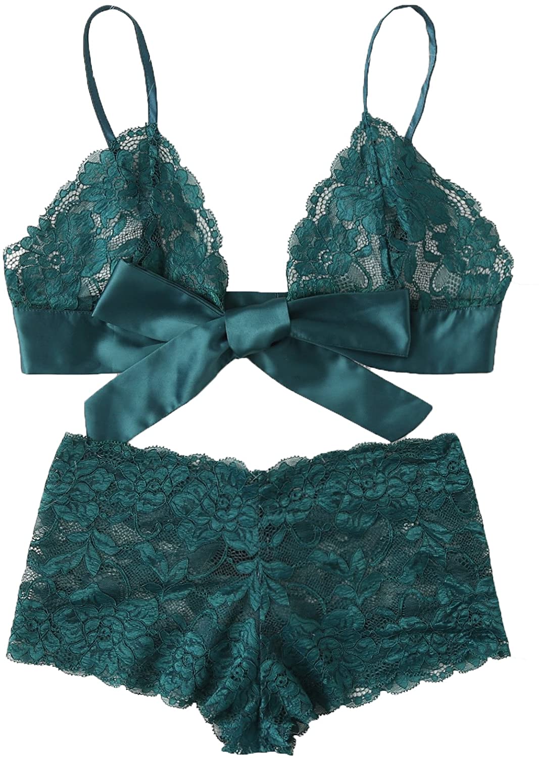 Price:$14.99 SweatyRocks Women's 2 Piece Sexy Lace Strap Bralette Bra and Panty Lingerie Set Green#1 L at Amazon Women’s Clothing store