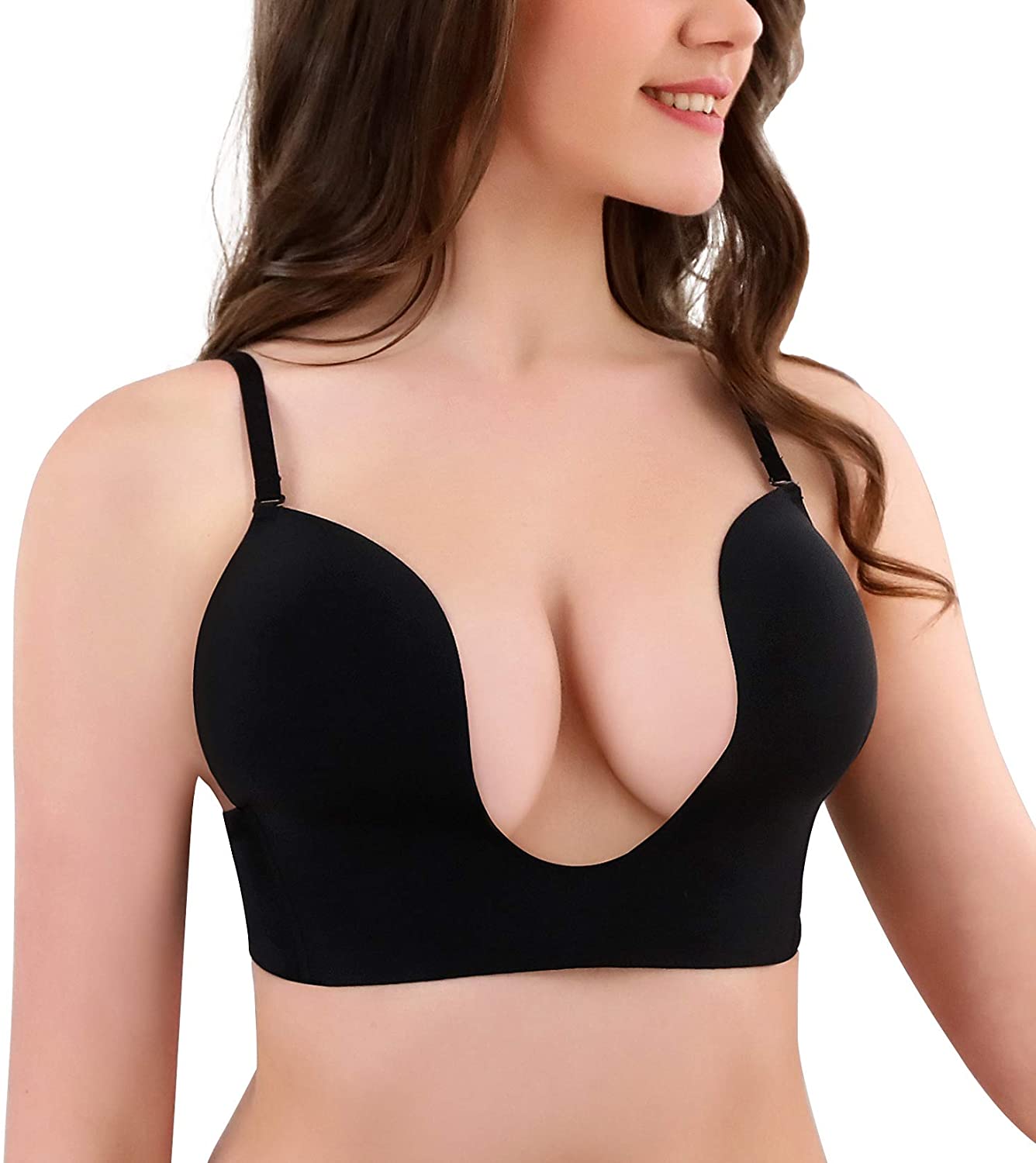 Price:$9.89 HANSCA Women’s Sexy Deep U Plunge Bra Multi-Way Convertible Push Up Halter Low Back Bra at Amazon Women’s Clothing store