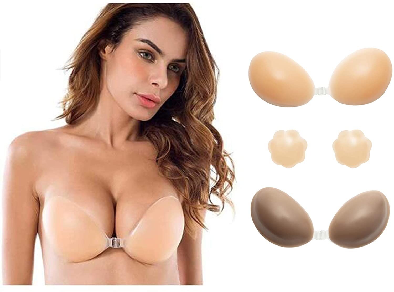 Price:$15.99 SLTY Self Adhesive Bra Strapless Backless Silicone Bra Reusable Invisible Push up Bra for Women with Nipple Covers at Amazon Women’s Clothing store