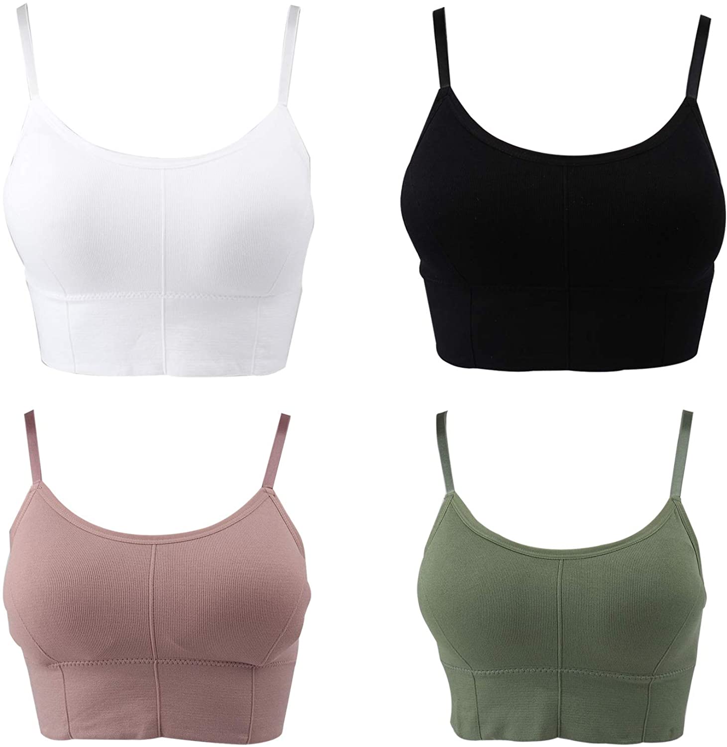 Price:$16.99 hua's 4 Pieces Mini Camisole Bra Pullover Padded Bra Tank Top Bra Seamless Sports Bra with Straps for Women Girls Black at Amazon Women’s Clothing store