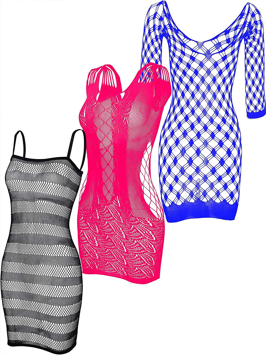 Price:$11.99    3 Pieces Fishnet Dresses Mesh Lingerie Fishnet Hollow Fishnet Sleepwear for Women Favor (Black, Rose Red, Blue)  Clothing