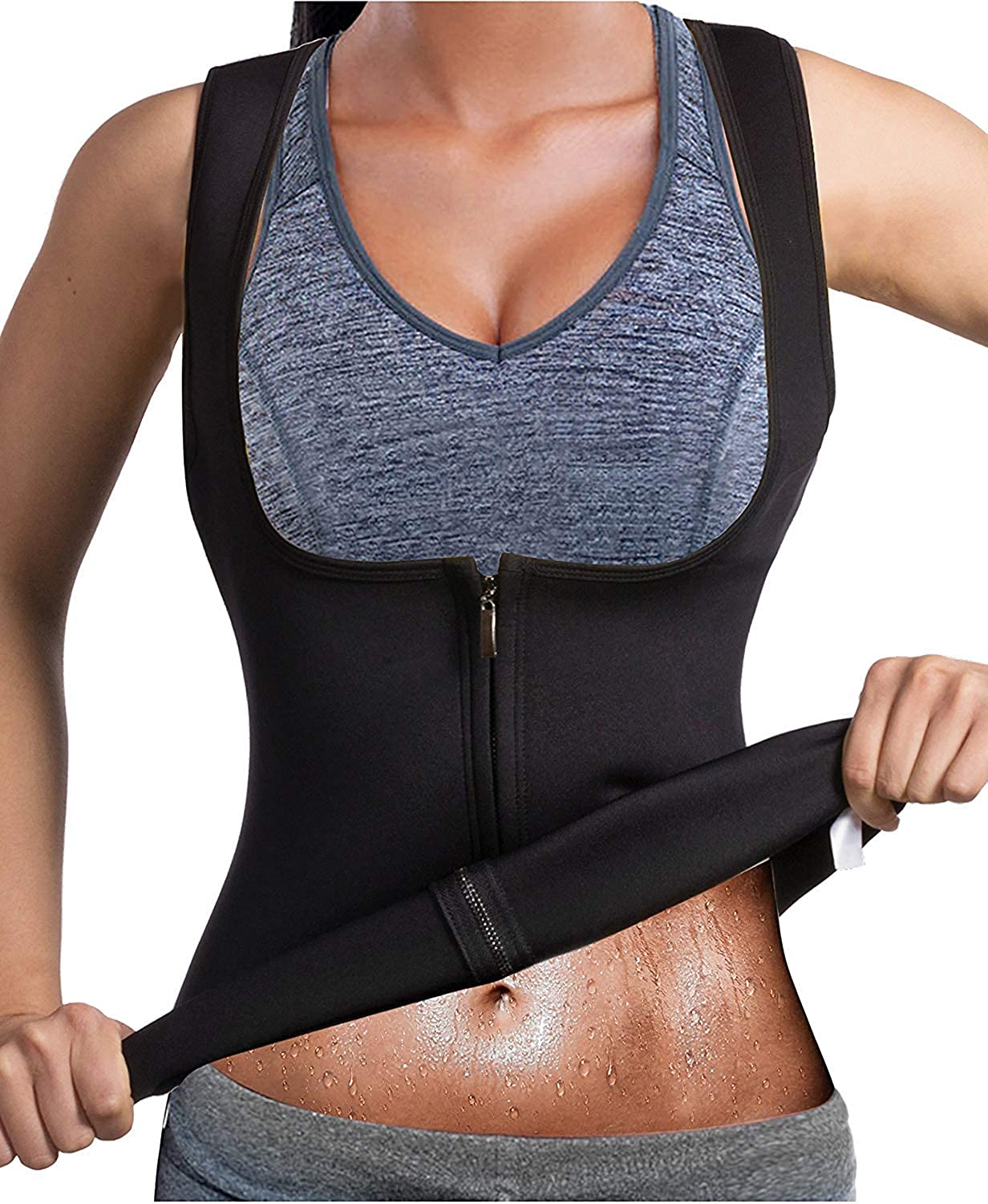 Price:$26.99 Women Hot Sweat Neoprene Weight Loss Tank Top Shirt Waist Trainer Vest Zipper Corset Body Shaper Cincher Training Workout at Amazon Women’s Clothing store