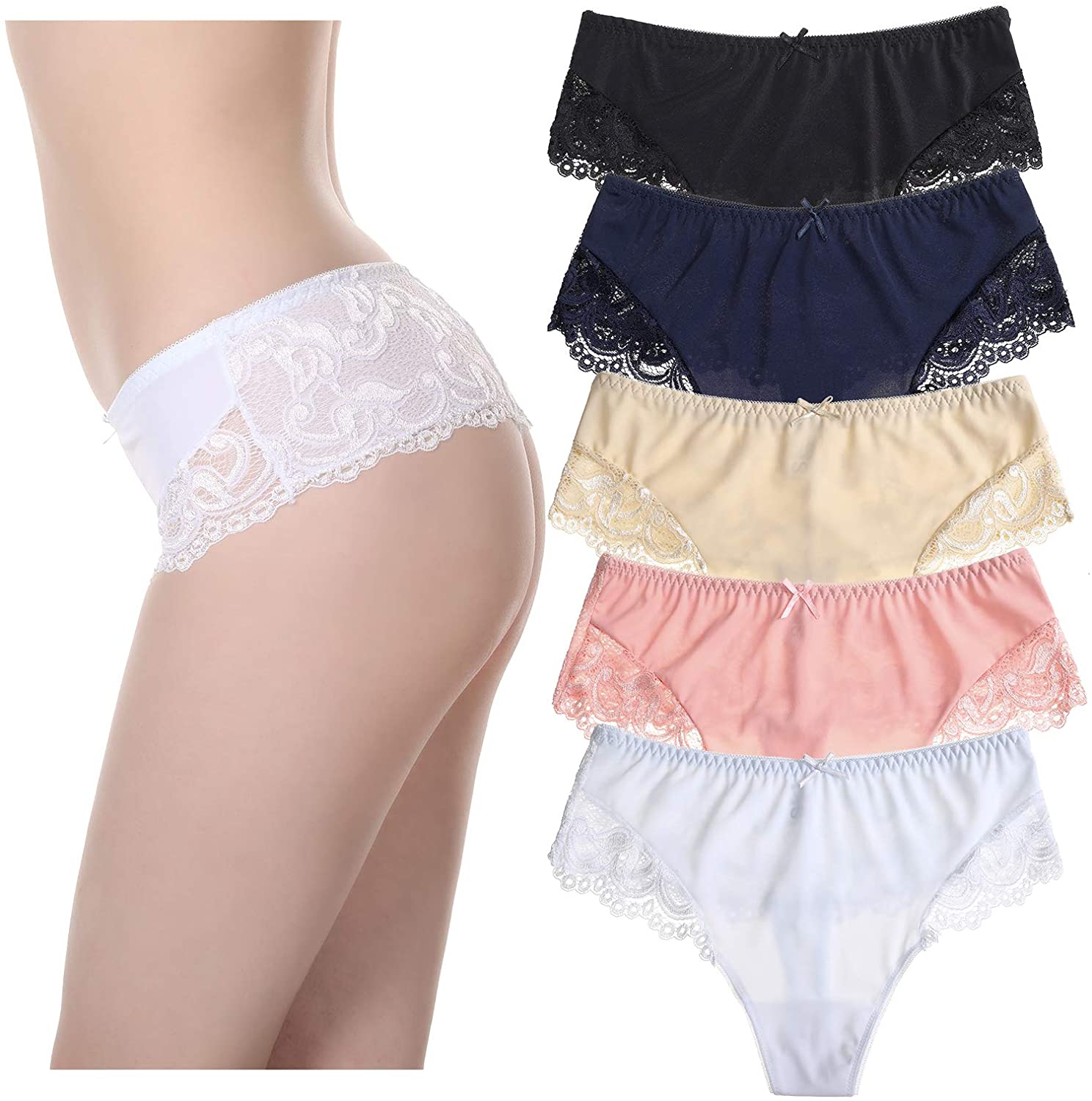 Price:$17.99    LEVAO Thongs for Women Sexy Lace Underwear Hipster Seamless Panties Bikini Stretch Thong Panty 5 Pack  Clothing