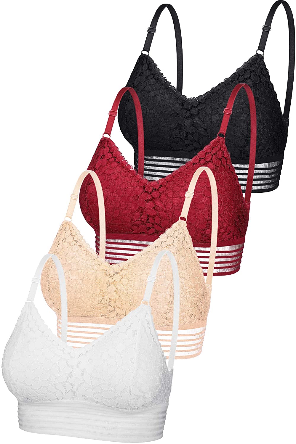 Price:$15.99 4 Pieces Women Lace Bra Floral Lace Bralette with Adjustable Straps (Black, Red, White, Skin Color) at Amazon Women’s Clothing store