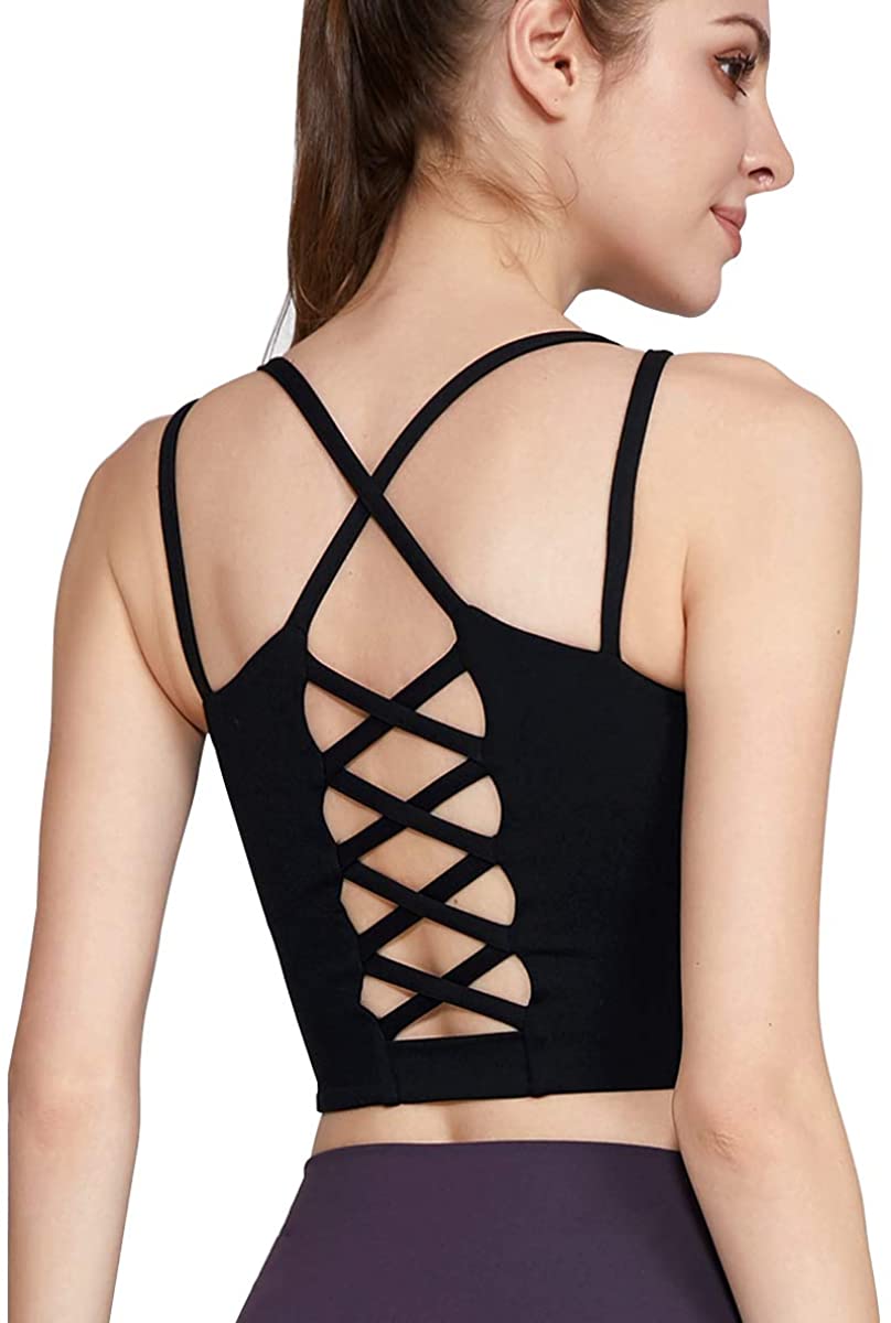 Price:$16.75 Couture Longline Sports Bra for Women, Padded Strappy Sports Bra Crop Gym Workout Fitness Yoga Sports Bra Tank Top at Amazon Women’s Clothing store