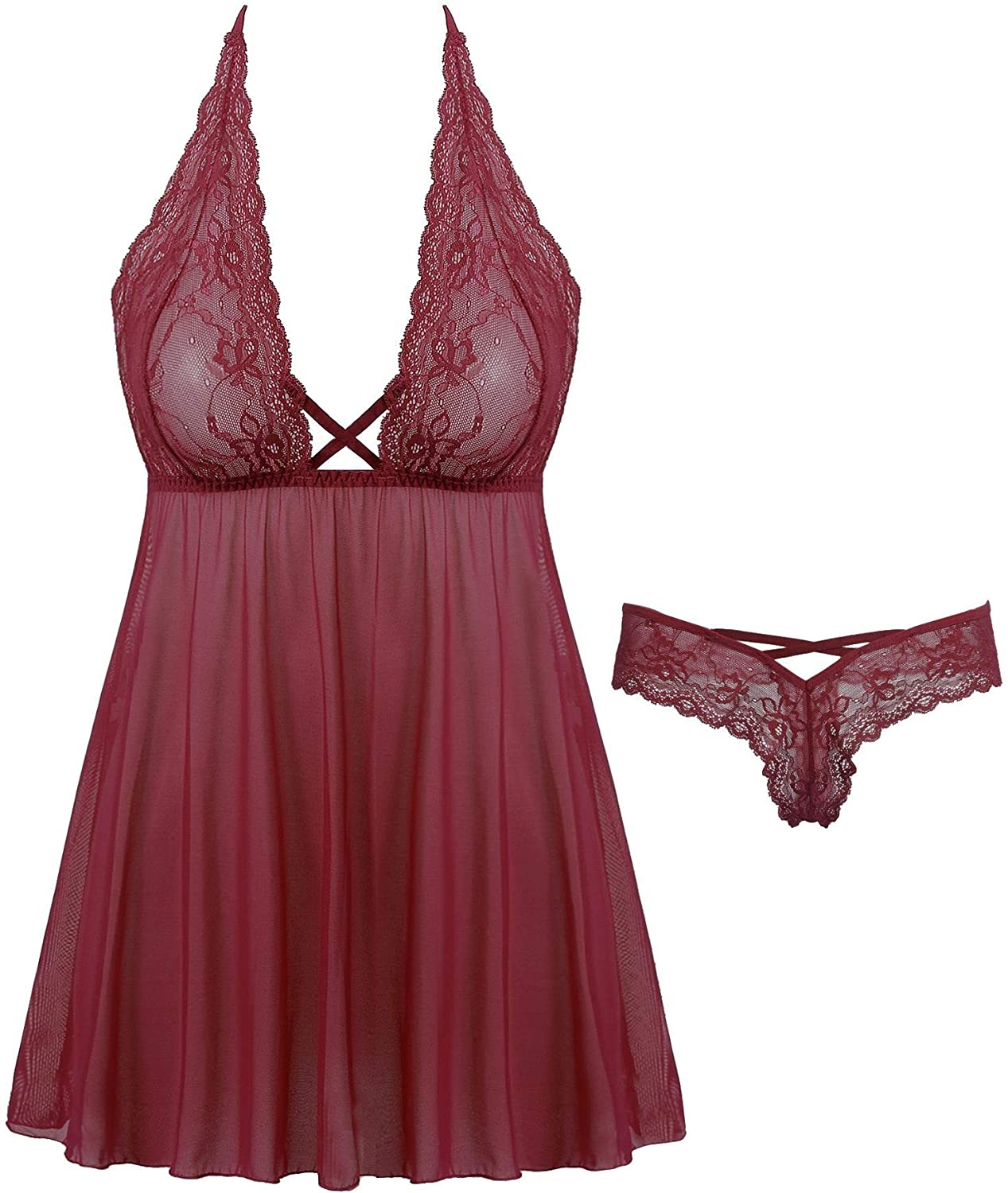 Price:$16.99 Amorbella Ladies Babydoll Lingerie Set Sexy Lace Nighties Mesh Chemise(Wine Red, Medium) at Amazon Women’s Clothing store